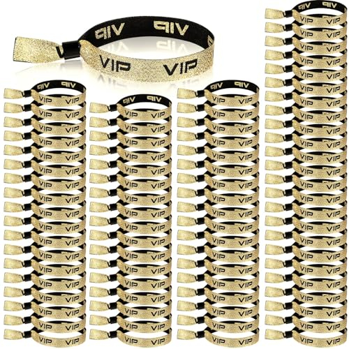 Aoriher 100 Stück VIP Stoff Einlassbänder Eintrittsbänder Goldene Schwarze Partybänder Festivalbänder mit Verschluss für Veranstaltung Party Vergnügungspark Konzert Geburtstag Hochzeit (Goldene)