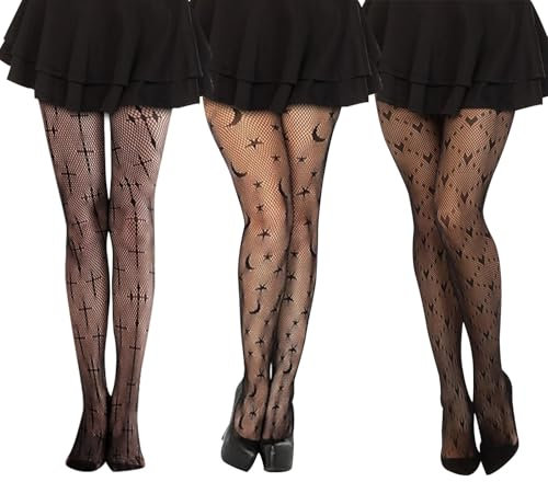 FENGCHUANG 3 Stücke Netzstrumpfhose Schwarz, Spinnennetz Hohe Taille Mesh Strumpfhosen Strümpfe, Damen Skelett Spinnennetz Leggings, Mode Strumpfhosen Netzstrümpfe für Halloween