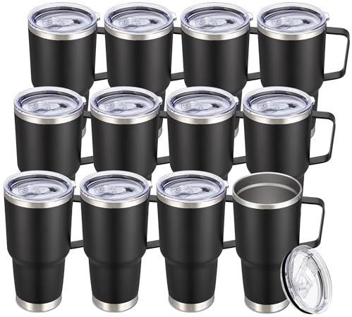 Cool Yoleb Trinkbecher mit Griff und Deckel, Edelstahl, doppelwandig, vakuumisoliert, auslaufsicher, hält Getränke kalt und heiß, Schwarz, 12 Stück