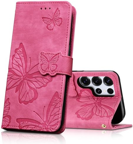 CXTcase Cover per Samsung Galaxy S25 Ultra,Pelle PU Portafoglio Custodia a Libro in Pelle Protettiva per Samsung Galaxy S25 Ultra,Flip Caso Custodia Samsung Galaxy S25 Ultra Case,Rosa Rossa