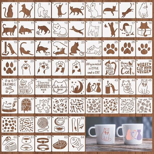 OOTSR 64stk Katze Schablonen zum Basteln,10cm Wiederverwendbar Kunststoff Malschablonen Scrapbooking DIY Zeichnung Malerei Holz Wanddeko