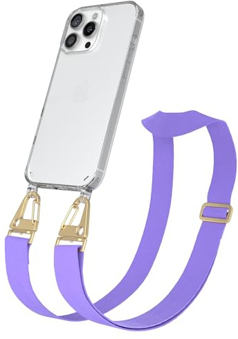 EAZY CASE - Hülle mit Band kompatibel mit iPhone 16 Pro Max Handyhülle mit Umhängeband Silikonhülle Transparent Schutzhülle Handykette Umhängen Handykordel Smartphone in Lavendel Lila - Clips Gold