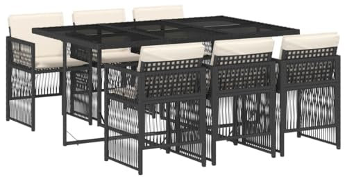 vidaXL Garten Essgruppe 7-TLG., Gartenmöbel Set Tisch mit Glasplatte 6 Stühle, Gartengarnitur mit Kissen, Sitzgruppe Terrasse, Schwarz Poly Rattan