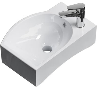 EMKE Lavabo Suspendu 405 x 280 x 140 mm – Lavabo Compact et Élégant pour Petites Salles de Bain et WC Invités – Robinet à Gauche, Installation Murale, Blanc Brillant