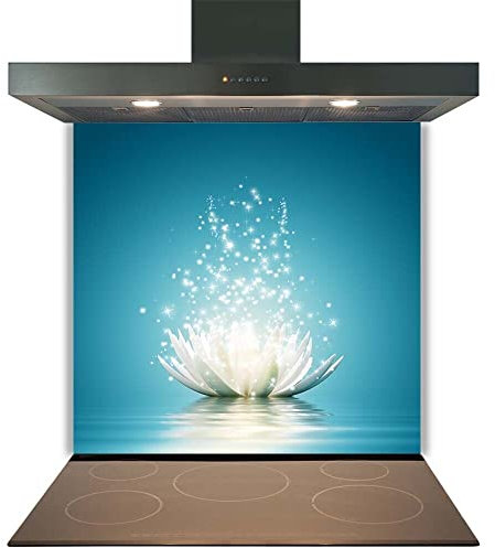 Kitchen Glass Splashback Heat Resistant Toughened Glass - Blue Lotus Design - 60cm (w) x 80cm (h)