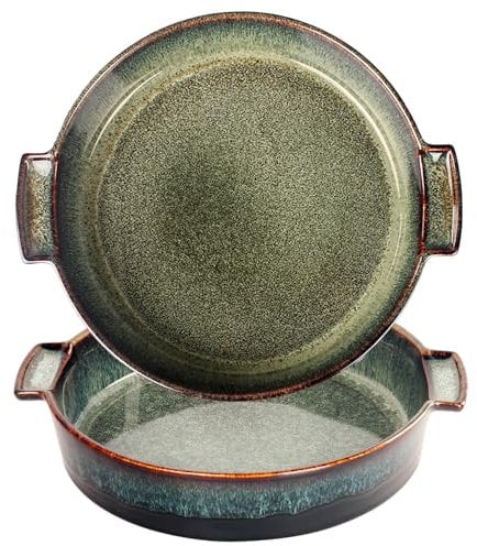 jinsongdafa Ceramic Pie Pan 830 ML Quiche Baking Dish Set of 2, 23 CM Au Gratin Dishes, Round With handles, Easy to transfer from oven to table, Nonstick Pie Dish, Tart Pan, Pie Plate for Apple
