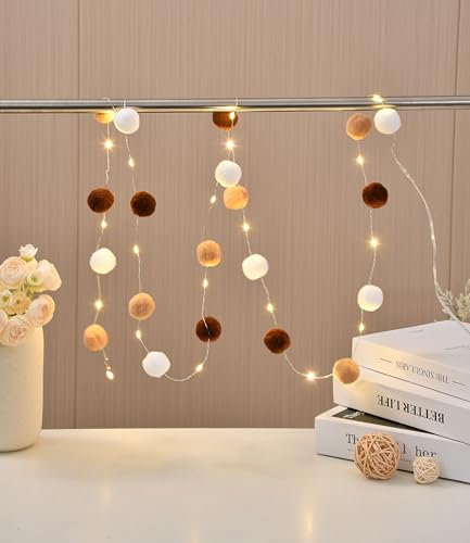 FLCSIed 20 LED-Kupfer-Lichter mit Pompons, betrieben mit 2 AA-Batterien, für Schlafzimmer, Valentinstag, Hochzeit, Party, Weihnachten, Heimdekoration (braun)