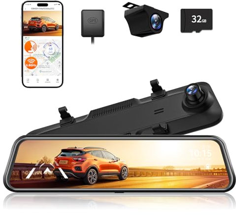 WOLFBOX 12 G840H Spiegel Dashcam mit Rückfahrkamera, ADAS und BSD, 2.5K Dual Dash Cam Spiegel mit 5.8GHz WiFi, Sprachsteuerung, Loop-Aufnahme, Parküberwachung, Kostenlose 32 GB Karte und GPS