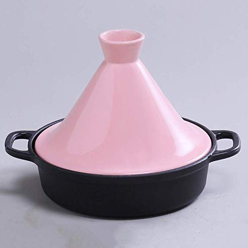 Auflaufformen mit Deckel, 20 cm, Tajine-Topf aus Gusseisen, Tajine-Kochtopf mit emailliertem Gusseisenboden und kegelförmigem Deckel (Rosa)