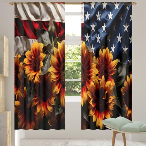 Mexpekil Durchsichtige Vorhänge mit USA-Flagge, Sonnenblumen-Motiv, für Wohnzimmer, Schlafzimmer, lichtfilternder Voile, mit Stangentasche, 183 cm lang, für Sichtschutz, Fensterbehandlungen, Set mit 2