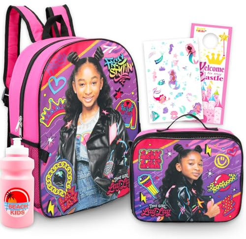Nickelodeon That Girl Lay Lay Mochila con lonchera para niñas, paquete con mochila de 16 pulgadas, bolsa de almuerzo, botella de agua, tatuajes, más | Juego de mochila escolar LayLay de That Girl