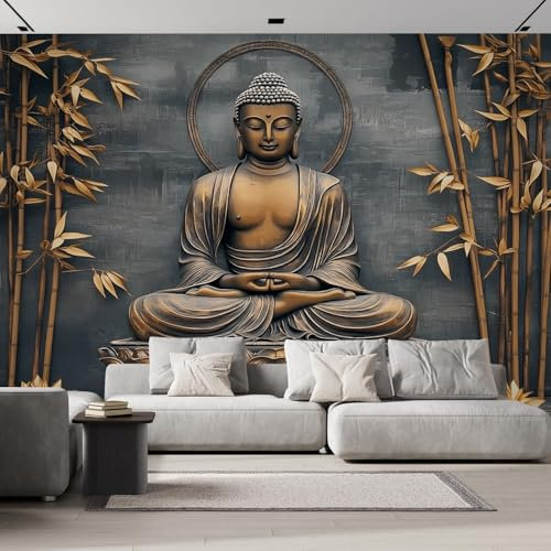 DLERFLOVR Photo Wallpaper Golden Buddha Statue 150x105cm Wall Mural Decoration Large Poster Picture Design Eastern Zen Wall Covering for Bedroom, Living, Tv Background Decoration