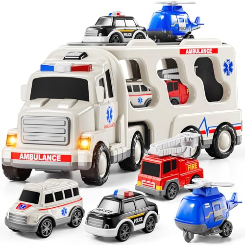 JUKUDAHU 5-IN-1 Play Ambulance Toy Vehicle Toddler Truck Toys for Kids 3-9 | 4 Small Car, Light and Sound, Friction Powered, Police Car, Fire Truck, Ambulance Car, Educational Toy, Gift for Boys Girls