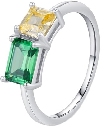 Vintage Ring, Ring Weißgold 9K Elegant mit Grün Rechteckschliff im Labor Hergestellter Smaragd Größe 45 (14.3)