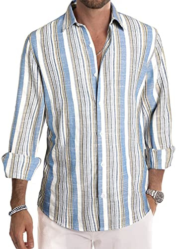 JMIERR Men's Shirts Striped Casual Cotton Long Sleeve Button Down Holiday Vacation Dress Shirt,Multicolor,L
