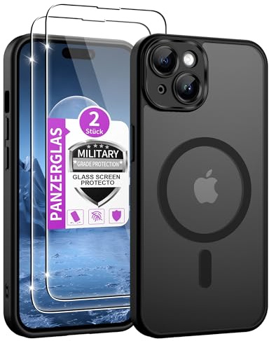 Jshru Handyhülle für iPhone 15 Plus Hülle mit 2 Stück Panzerglas Kompatibel mit Magsafe,Dünn Magnetisch Militär Stoßfest Schutzhülle Matt Case für iPhone 15 Plus,Schwarz