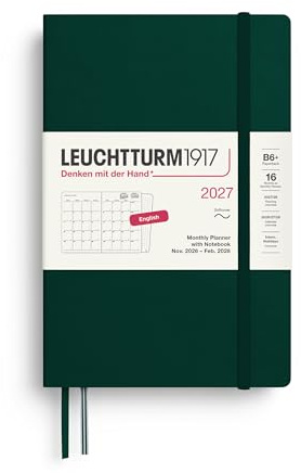 LEUCHTTURM1917 Monatsplaner mit Notizbuch 2027 Paperback (B6+) - Englisch, Forest Green, Softcover, 16 Monate (01.11.2026-28.02.2028), 132 Notizseiten Dotted mit Inhaltsverzeichnis