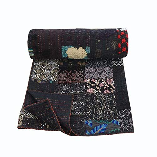 Handgefertigte Pachwork Kantha Tagesdecke Baumwolle Bohemian Bestickt King Size Kantha Quilt Handstich Vintage Gesteppt Betttuch Floral Wohnzimmer Dekor Überwurf Kantha Decke Indische Patchwork Quilt
