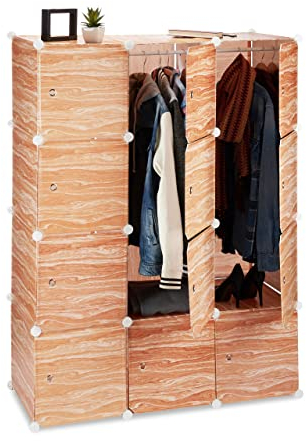 Relaxdays Kleiderschrank Stecksystem, 8 Fächer, Kunststoff, Türen, Kleiderstangen, Garderobenschrank 145 hoch, Holzoptik