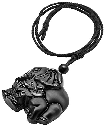 KYEYGWO Schwarzer Obsidian Kristall Stein Anhänger Halskette für Unisex Healing Glückliche Mutter und Kind Elefanten Halskette für Schutz Reiki mit verstellbarem Seil, 66 cm-70 cm