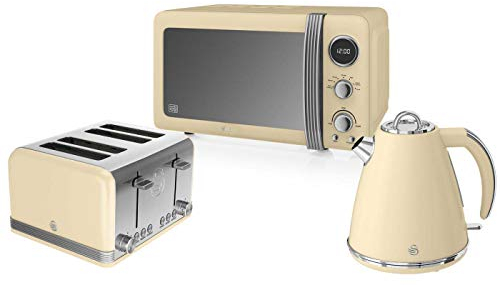Retro Kitchen Pack by Swan - Digital Microwave 800w 20L, Jug Kettle 1.5L and 4 Slice Toaster - 3 Appliances for A Modern Kitchen Design (Cream)