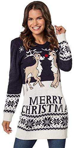 dressforfun 900831 Damen Weihnachtspullover Merry Christmas, Strickpullover mit süßen Rentieren - Diverse Größen - (L | Nr. 303362)