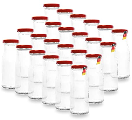 24 Leere Flaschen, kleine Glasflaschen 150 ml in Weiß TO43 mit rotem Verschluss – Zum Befüllen von Milchflaschen, Saftflaschen, oder als Deko-Vase, inklusive Etiketten