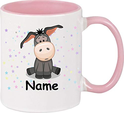 Shirtinstyle Kindertasse, Teetasse, Tasse, Esel mit Wunschnamen, Wunschtext, Spruch, Kinder, Tiere, Natur, Kaffeetasse, Pott, Becher, Farbe rosa