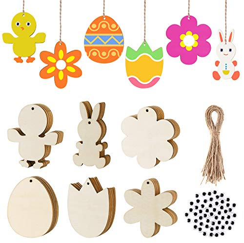 FEPITO 120Pcs Holz Ostern Tag Unvollendete Holz Ostern Dekoration Eier Eier Eier Kaninchen Küken Tulpe Kerbe Holz Geschenkanhänger Mit Seil DIY Ostern Basteln Osterdekoration für Kinder