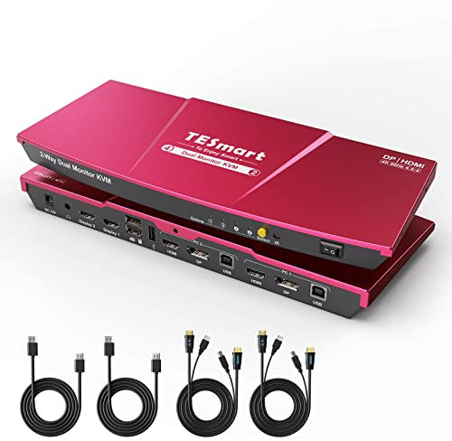 TESmart Conmutador KVM 2 Monitores 2 Computadoras DisplayPort y HDMI 4K60HZ Conmutador KVM Monitor dual con emuladores EDID y conector de audio Soporte Modo de Copia y Extensión Compatibilidad K&M