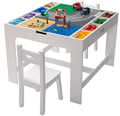 Renga Bricks Kids 2 in 1 Play Table and 2 Chair Set with Storage, Compatible with Lego and Duplo Bricks, Activity Table Playset Furniture with Modern White Color