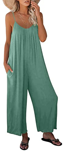 Dokotoo Damen Jumpsuit Ärmellos Jumpsuit Casual Overall Sexy Hosenanzug V-Ausschnitt Playsuit Sommer Oversize Lose Hose mit Taschen BlauGrün XL
