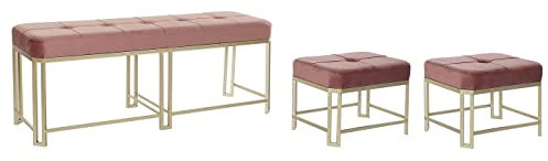 PEGANE Ensemble de 3 banquettes Coffres en métal et Velours Coloris Rose
