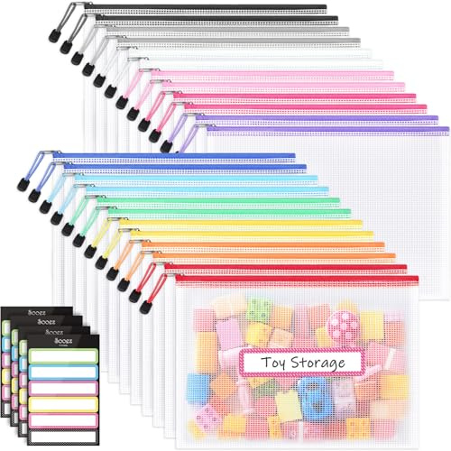 Sooez 24 Pack Mesh Zipper Pouch with Sticky Labels, A4 Mesh Bags Organizer
