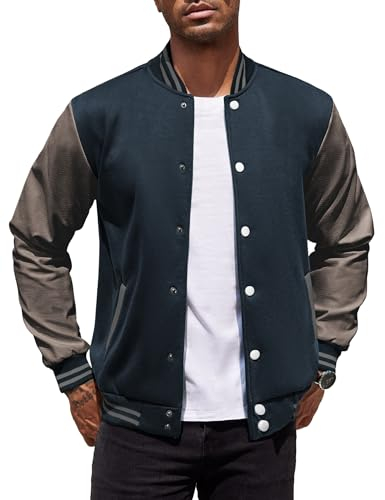 COOFANDY Modische Herren-Jacke, Lederärmel, schmale Passform, College, Baseball, Letterman, Bombermantel, Marineblau, Medium