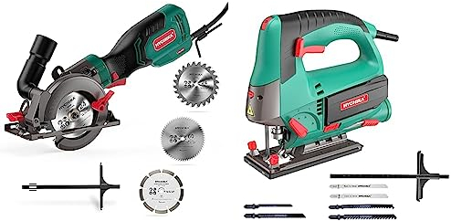 HYCHIKA BETTER TOOLS FOR BETTER LIFE Scie Circulaire 750W 3500RPM, 3 Lames(115 & 125mm), Profondeur de Coupe 48mm(90°), 32mm(45°), Idéal pour Couper du Bois, Carrelage, Métal Mou