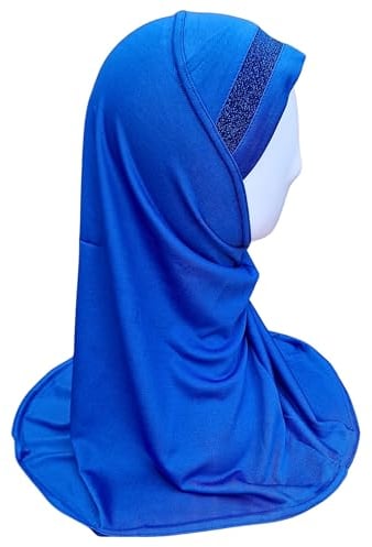 Yaqeen Hijab al Amira Kopftuch für Mädchen mit Glitzerborte, fertig zum Überziehen, Kopftuch für Mädchen, blau