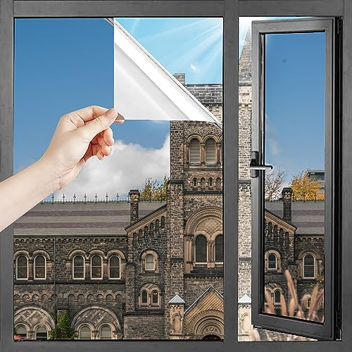HOMTOL Film Miroir pour Fenetre 60x200cm, Film Fenetre Anti Regard Transparent, Film Occultant Fenêtre, Film de Protection Solaire, Anti Chaleur et UV, Film sans Tain Adhésif avec Raclette, Argenté