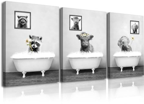 Piy Painting Schwarz und Weiß Leinwandbilder, Kuh und Elefant Baden in der Badewanne, Tierwandbilder Kunstdrücke Bild auf Leinwand mit Innenrahmen für Badezimmer Yoga-Raum 30x40cm 3 Stück