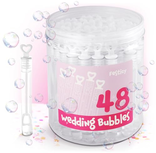 Festicy Bolle di Sapone Matrimonio I Set da 48 Tubetti 3,5 ml con Manico a Cuore I Liquido Bolle Sapone Sicuro e Eco-Friendly I Gadget Compleanno Bambini & Bomboniere Battesimo Laurea Comunione