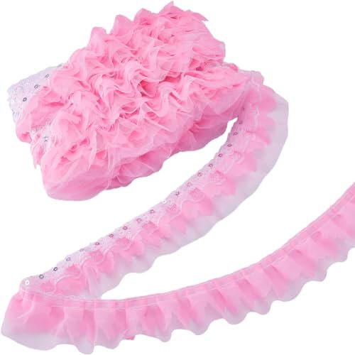 GORGECRAFT 10m*50mm Multistrato Rosa Tulle Arricciato Bordo In Chiffon Plissettato A 3 strati Pizzo con Paillettes Ricamati Bordi Raccolti Passamaneria Nastro In Tessuto per Artigianato Cucito