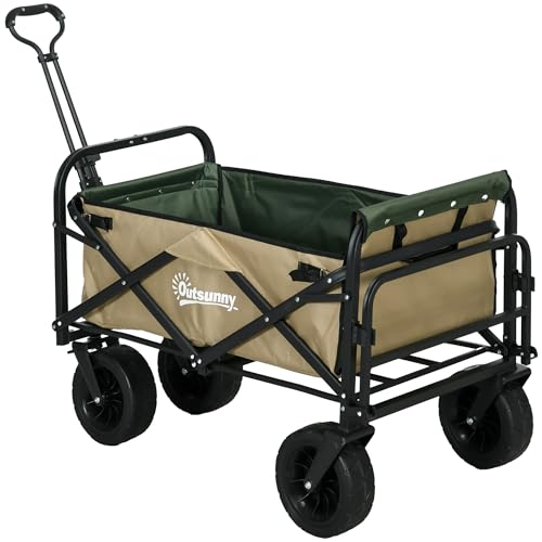 Outsunny Bollerwagen Klappbarer Lastenwagen, Transportwagen mit Griff, Strandwagen, Gartenwagen mit Tragetasche, max. 100 kg Belastbar, Oxford, Khaki
