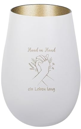 Der-Porzellan-Laden Windlicht mit Gravur Hand in Hand EIN Leben lang, Weiß Gold, Teelichthalter aus Glas mit Spruch, Tischdeko modern