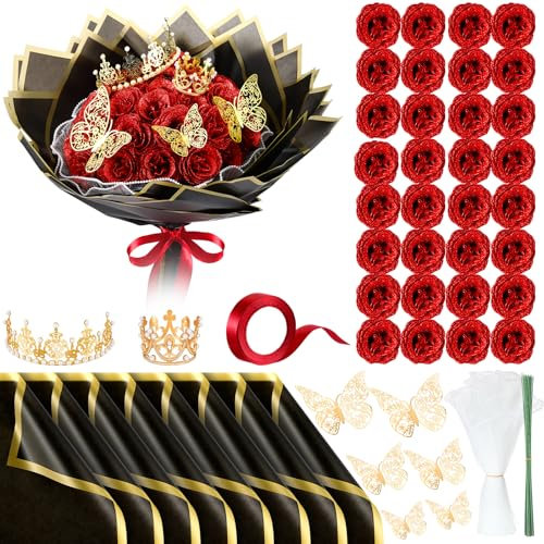 Thiccywoov 36 Pcs Glitter Roses Bouquet Mom Artificial Rose DIY Flower Bouquet Kit Fake Flower Wrapping Paper 3D Butterflies Crowns for Women Anniversary Birthday (Red)