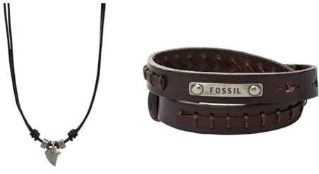 Fossil Herrenschmuck aus edelstahl, 42cm + 5cm Verlängerung, Anhänger: 15 x 13 mm & Herrenarmband Doppelwickel in braun, JF87354040
