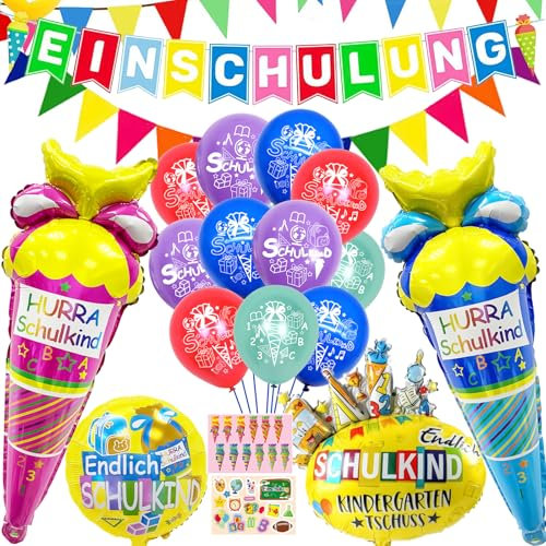 Ligtmor Schulkind 2025, Einschulung Deko, Einschulung Girlande + 2.5m Wimpelkette Girlande + Folienballon Schultüte Jungen Mädchen + 28 Luftballon Junge Mädchen, Schulanfang Deko