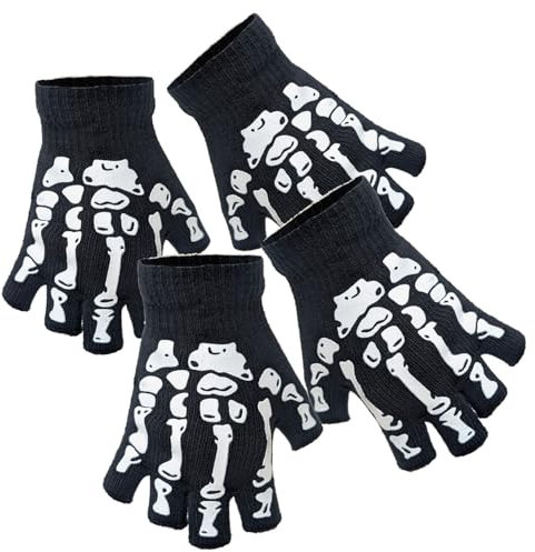 com-four® 2 Paar Skelett-Handschuhe fingerlos - Strick Kostümzubehör mit Knochenmuster für Halloween, Karneval, Día de Muertos, Cosplay - gruselige Gerippe-Hände (2 Paar - Erwachsene fingerlos)