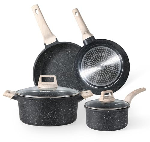 Carote Juego de utensilios de cocina antiadherentes de granito, 6 sartenes y ollas compatibles con inducción con tapas, sin PFOA, efecto piedra negra, juego de utensilios de cocina con asas de madera