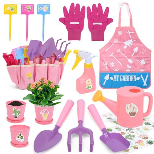 CUTE STONE Pink Kids Gardening Tool Set, Garden Toys W/Shovel, Rake, Trowel, Apron W/Pockets, Garden Tote Bag, Watering Can, DIY Stickers, Outdoor Backyard Digging Gift Toys for Boys Girls