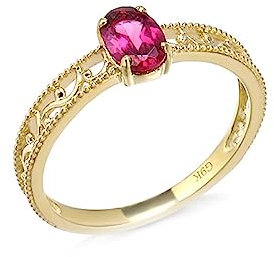 Tolldek Anello da donna in vero oro 750 18 carati, con filo di rosa, rosso, taglio ovale, oro 18 carati, anello dell'amicizia, Oro giallo 14 carati, Granato